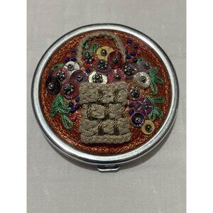 Handcrafted Floral Beaded Compact Mirror With Embroidered Basket Design & Dual-S